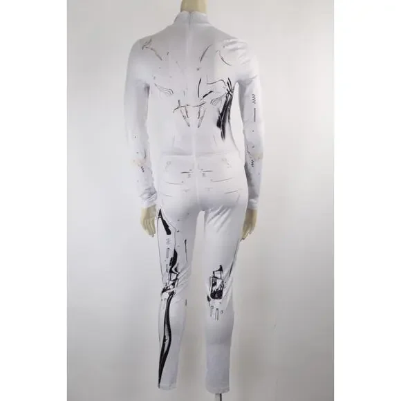White Robotic Stretch Jumpsuit Tattoo Cyberpunk Longe Sleeve Bodysuit Size XS - Picture 11 of 14